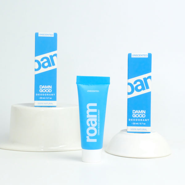 Three 'roam' deodorant products unscented on a white background